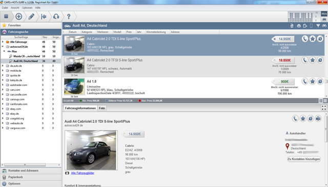 Das Hauptfenster der Software Cars HotSurf für die Autosuche