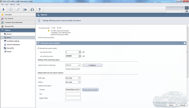 Software settings for car search